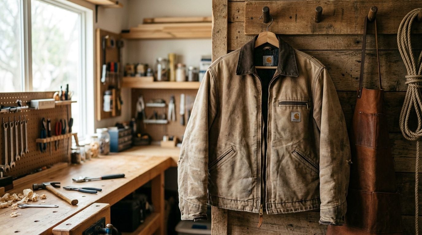 A distressed Carhartt WIP Detroit jacket hanging on a wooden wall inside a rustic, well-equipped carpenter workshop.