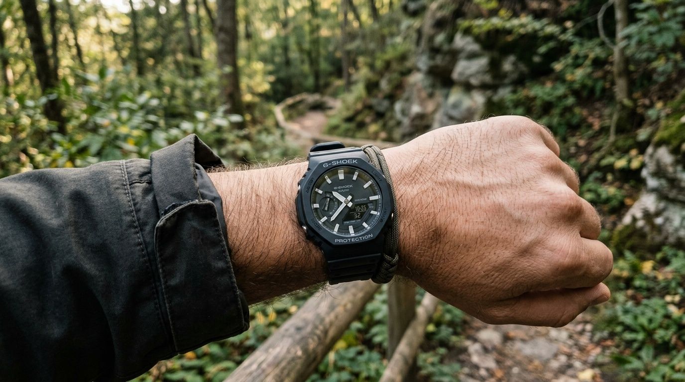 A person wearing a black G-Shock Casioak watch on a wrist while hiking in a forest.