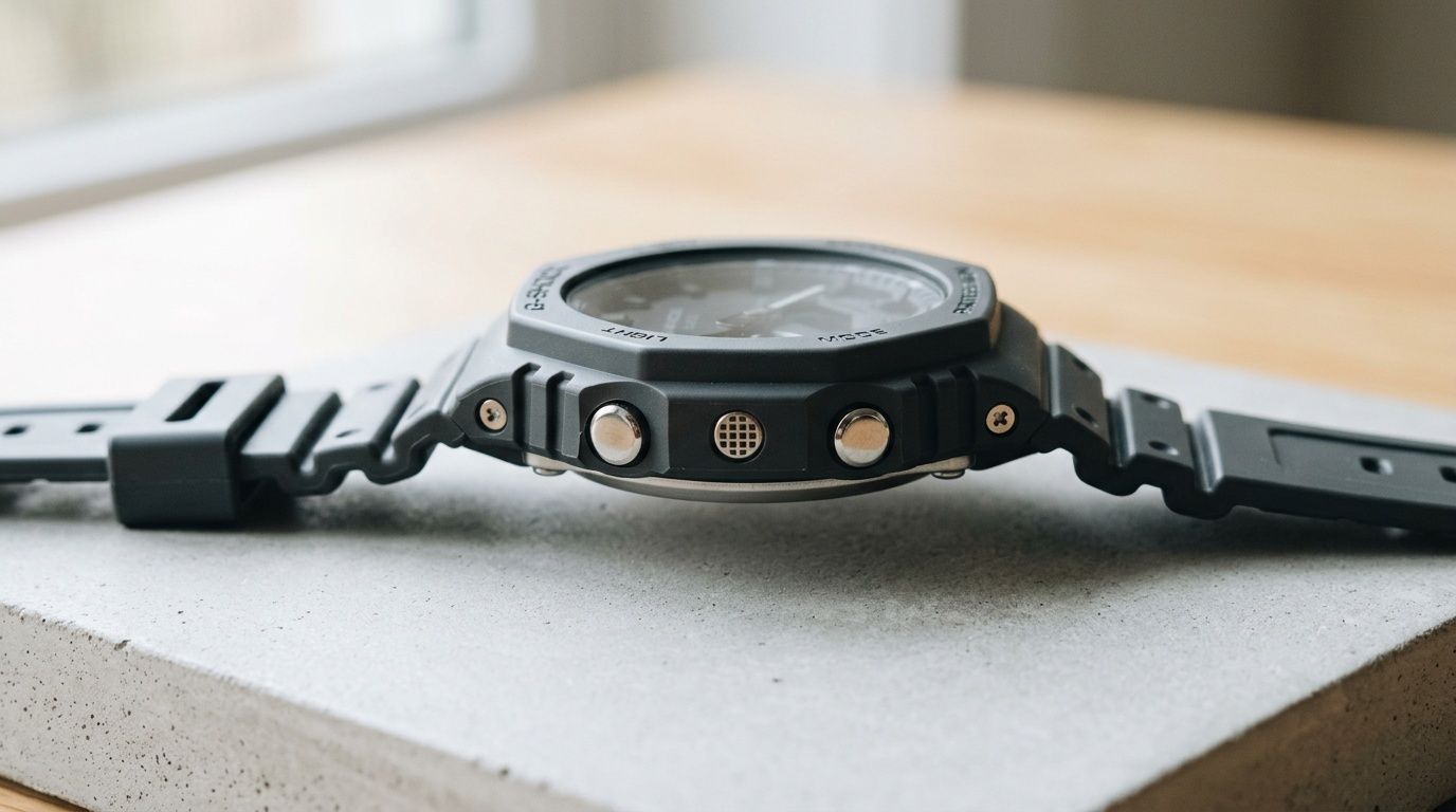 A close-up side view of a black Casio G-Shock watch sitting on a grey concrete surface.