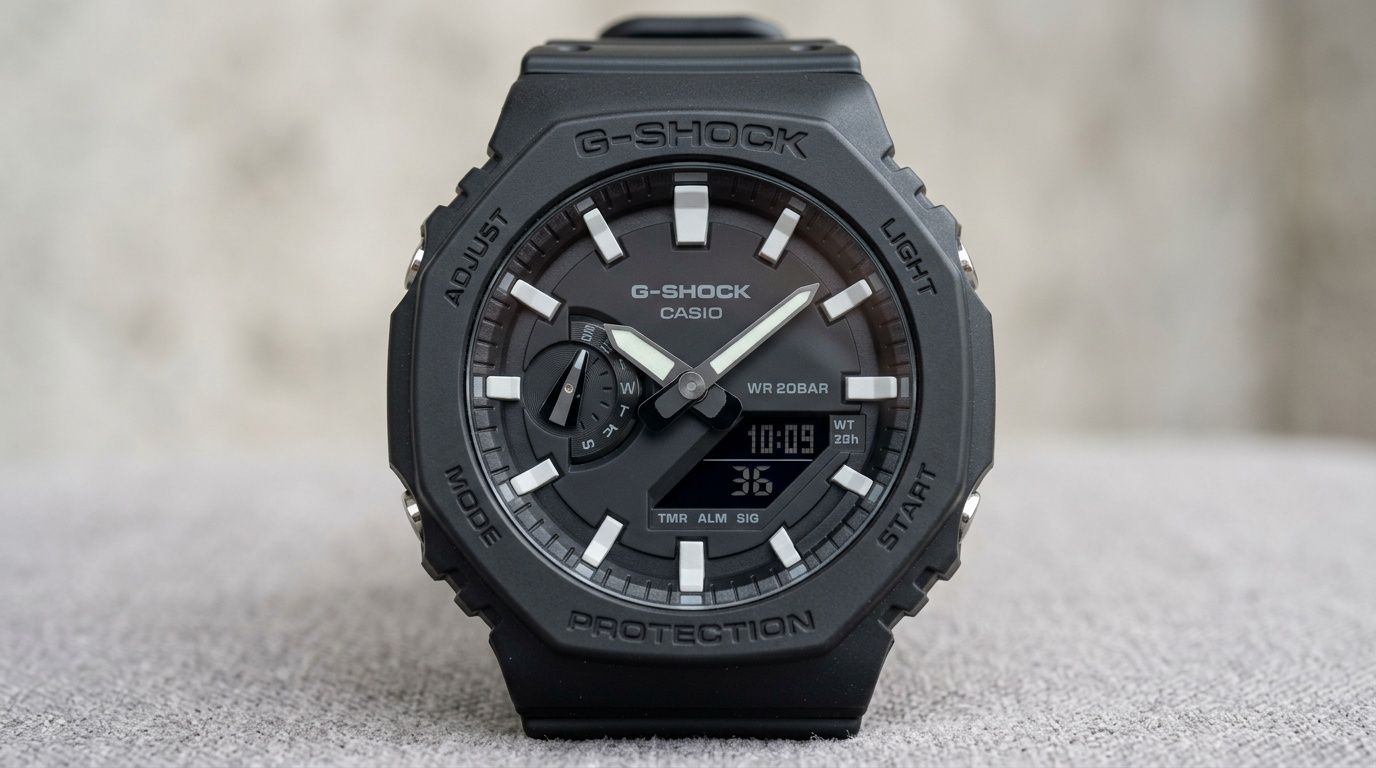 A close-up studio shot of a black Casio G-Shock watch featuring an analog-digital display dial design.