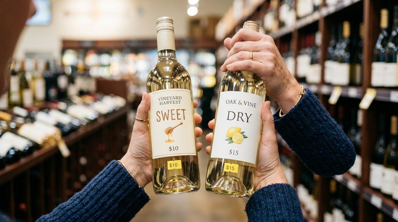 Two hands compare sweet ($10) and dry ($15) white wine bottles in a store aisle.