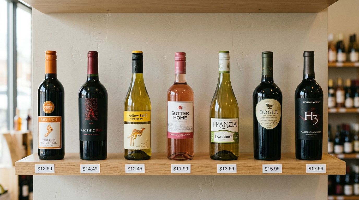 Seven diverse wine bottles with price tags displayed neatly on a wooden shelf in a store.