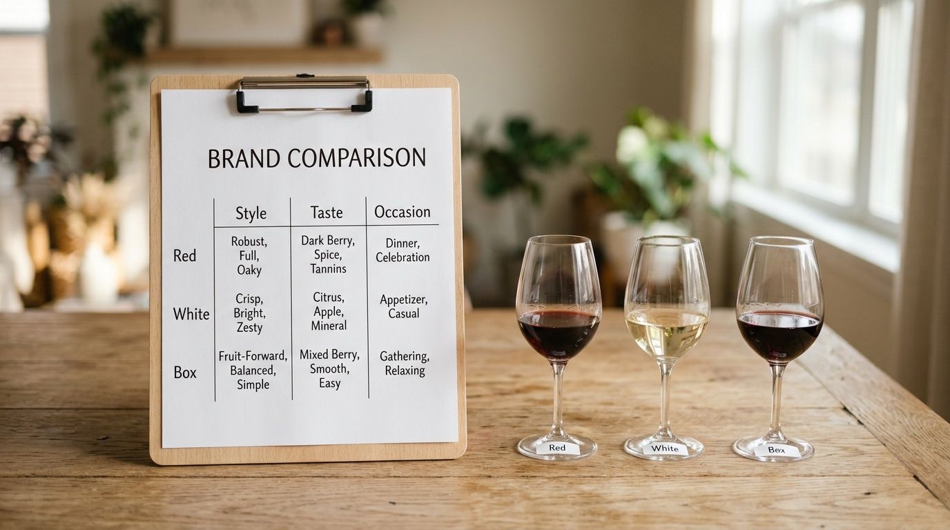 Wine comparison chart detailing styles, tastes, and occasions for red, white, and box wines, with three glasses.