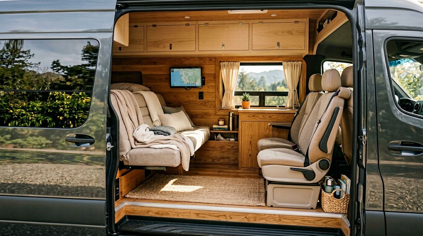 Interior of a modern grey camper van with wooden walls, bed, kitchen, and comfortable seating.
