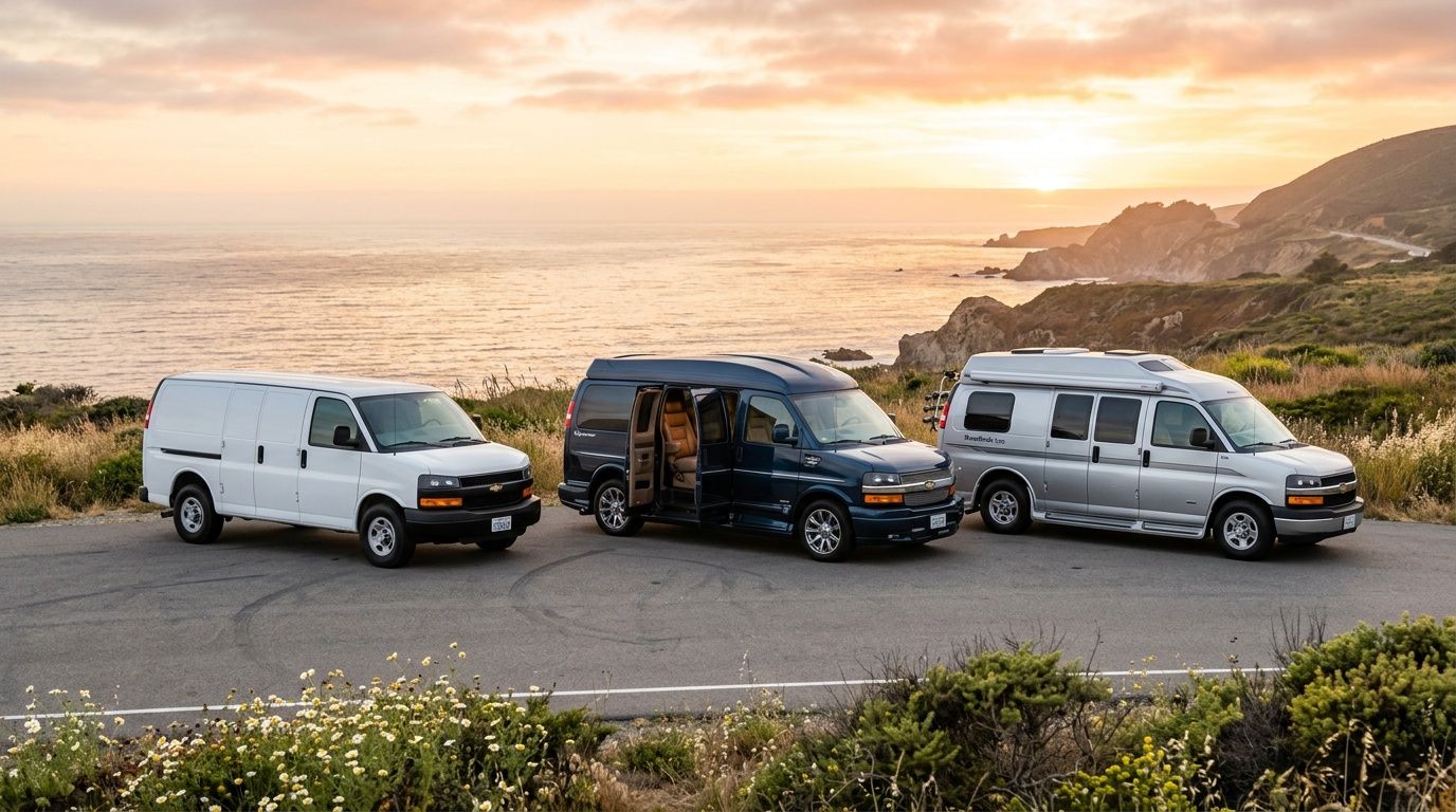 Three Chevrolet vans, including a cargo van, a conversion van, and an RV, by the ocean at sunset.
