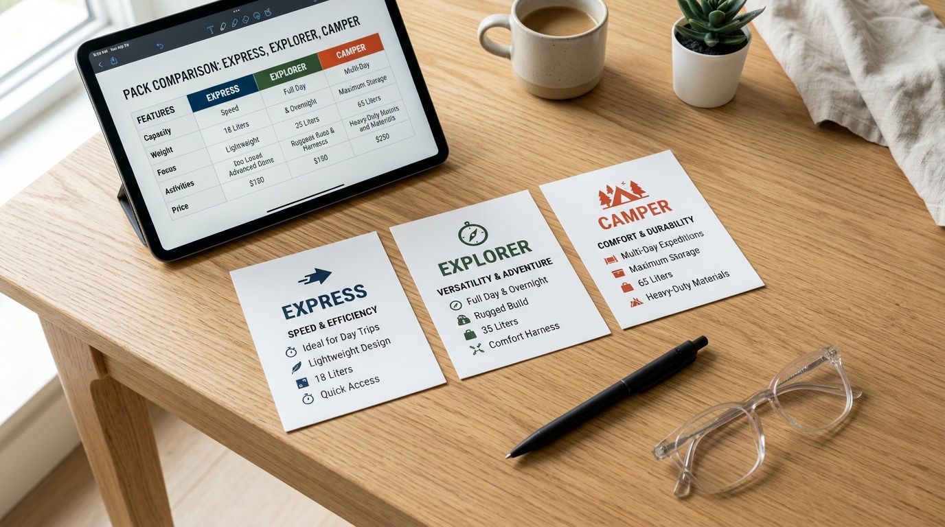 A tablet showing a pack comparison table and three product feature cards on a wooden table.