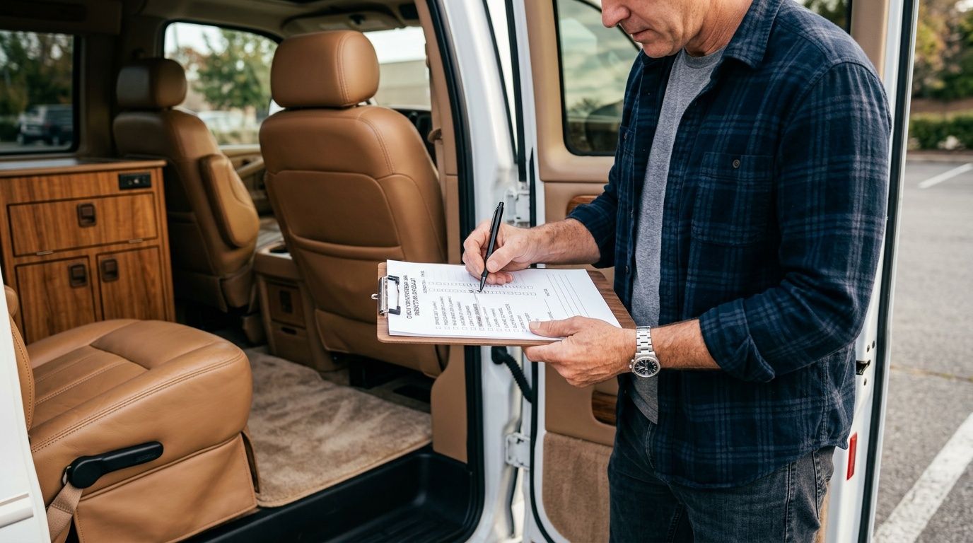 Man filling a checklist next to an open white Chevy conversion van with a tan interior.