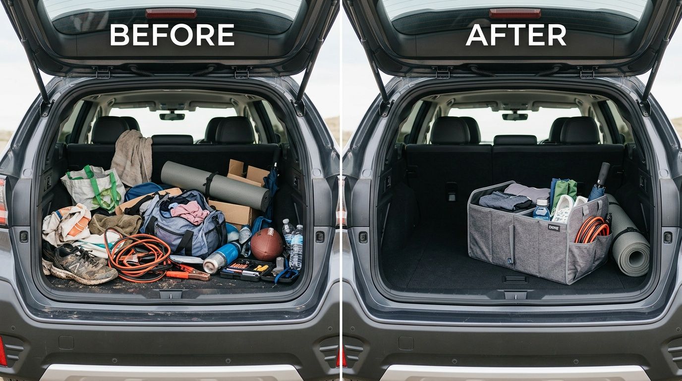 A split image showing a cluttered car trunk before and after using a gray collapsible trunk organizer.