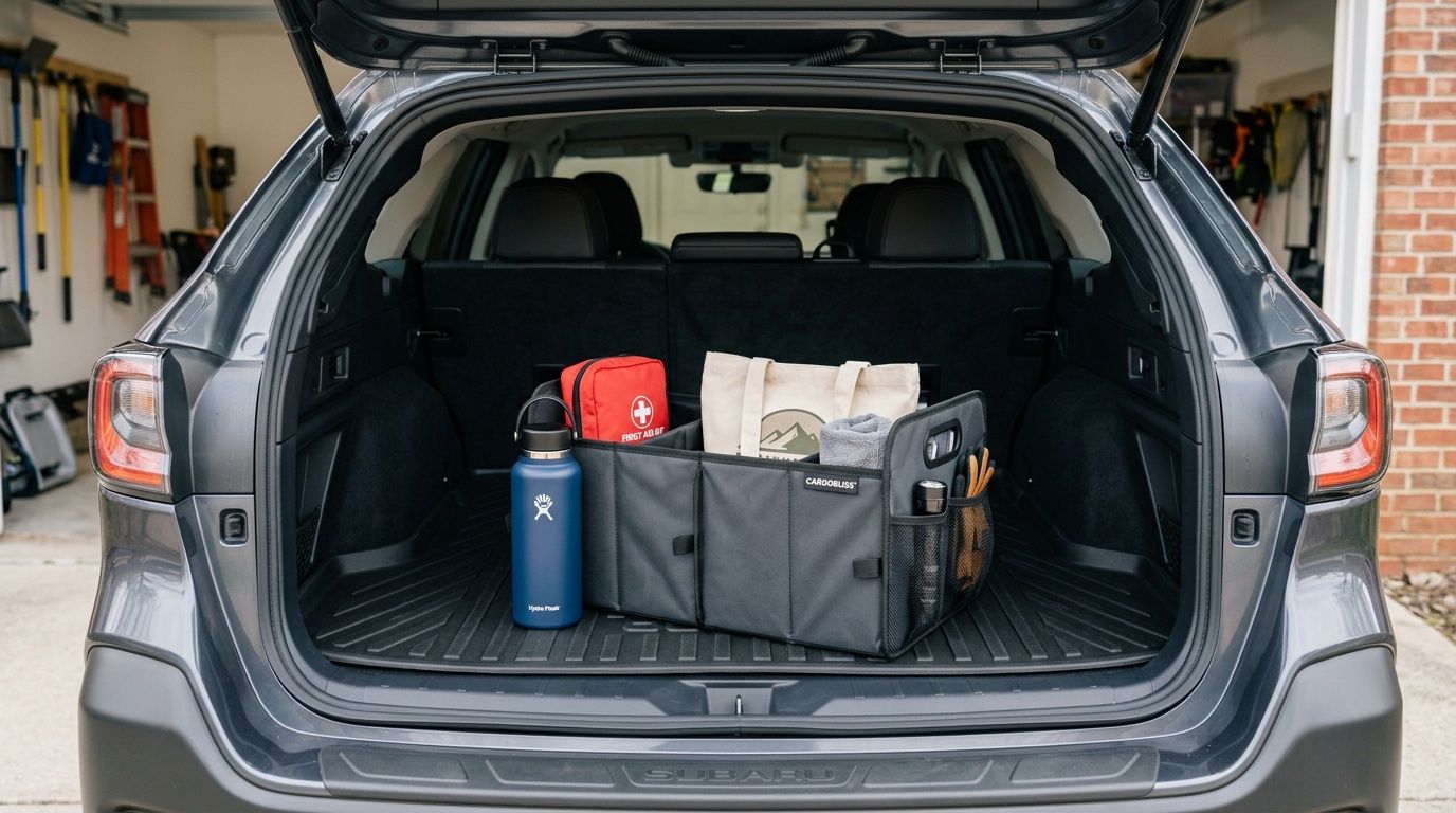 A gray Subaru Outback trunk with a black collapsible trunk organizer holding emergency gear and water bottles.