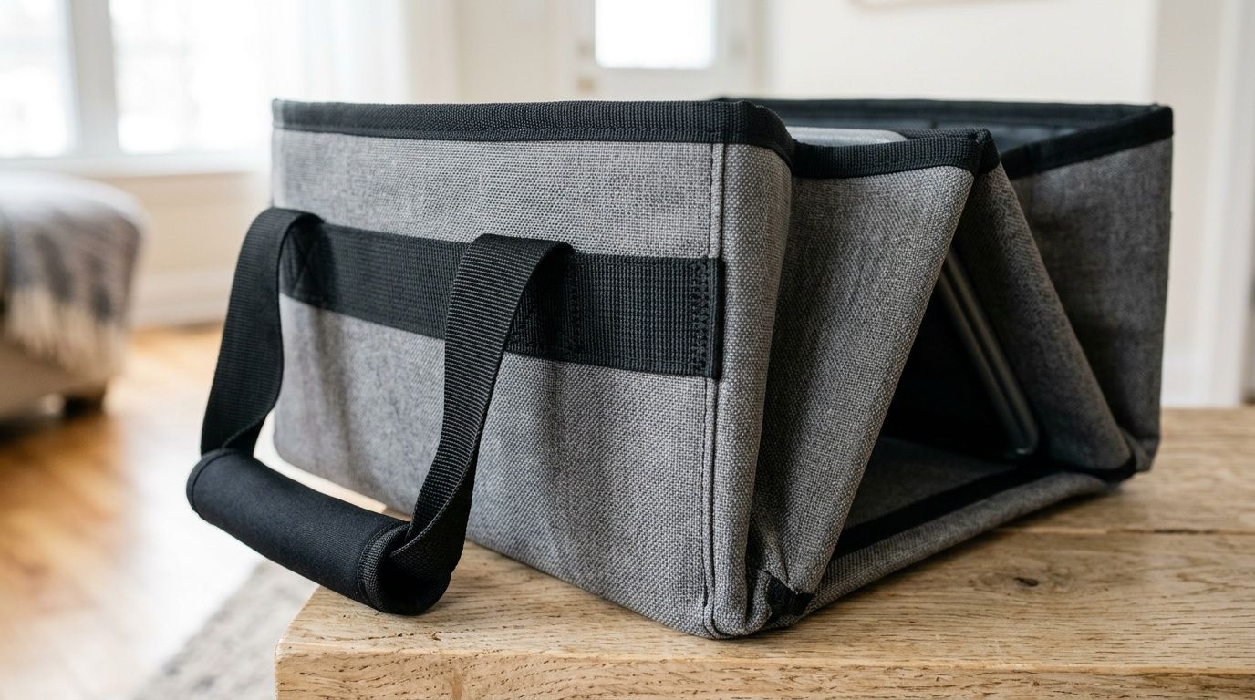 A partially folded grey fabric collapsible trunk organizer with black handles sitting on a wooden table.