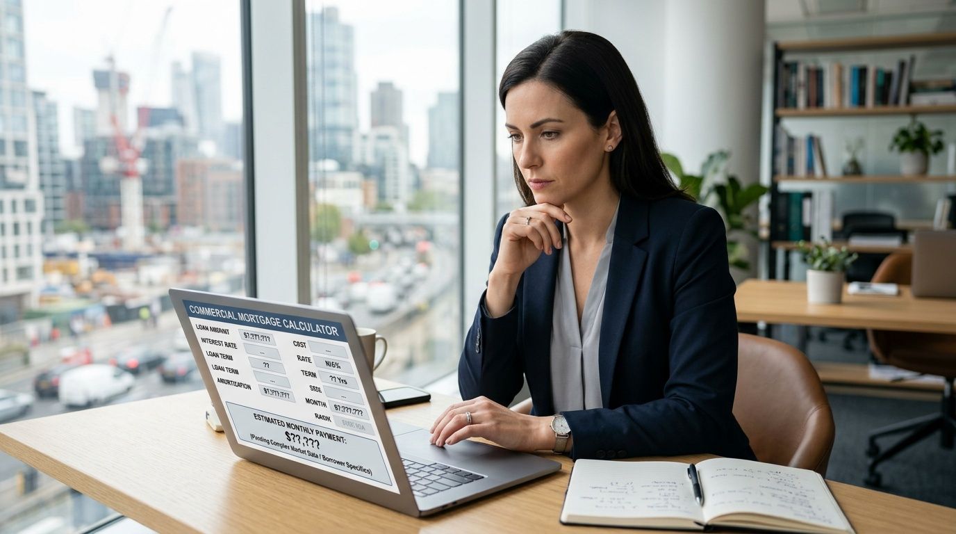 A professional woman in a suit using a commercial mortgage calculator on her laptop in an office.