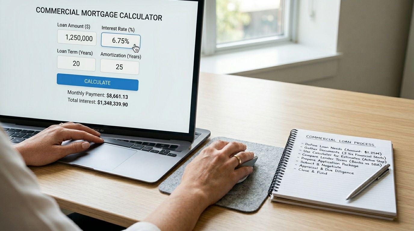 A person using a laptop to view a commercial mortgage calculator while noting steps in a notebook.