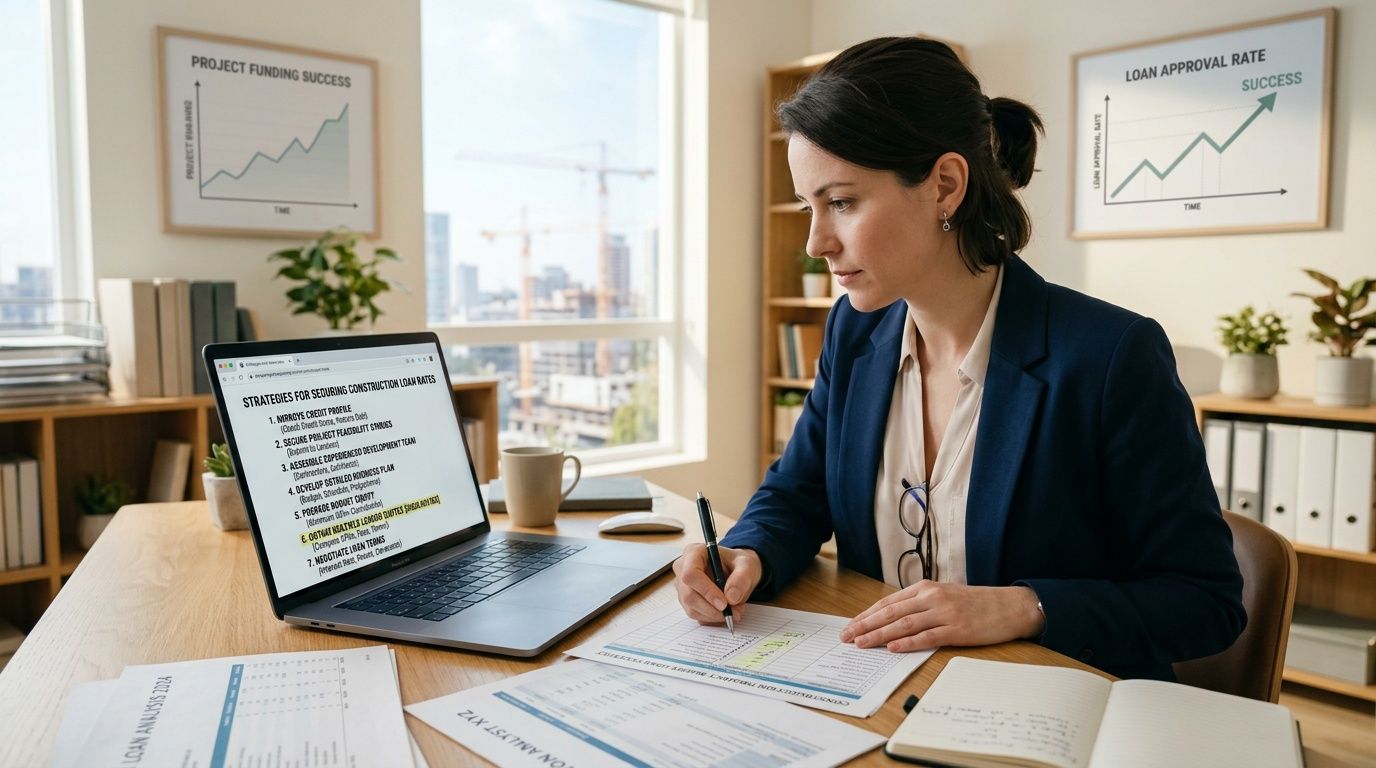 A professional woman in a suit working on construction loan rates strategy in her modern office.