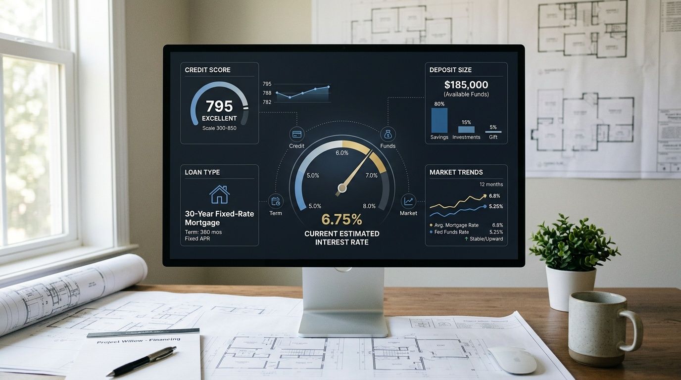 A computer monitor displaying a financial dashboard showing mortgage rates, credit score, and deposit fund analysis.