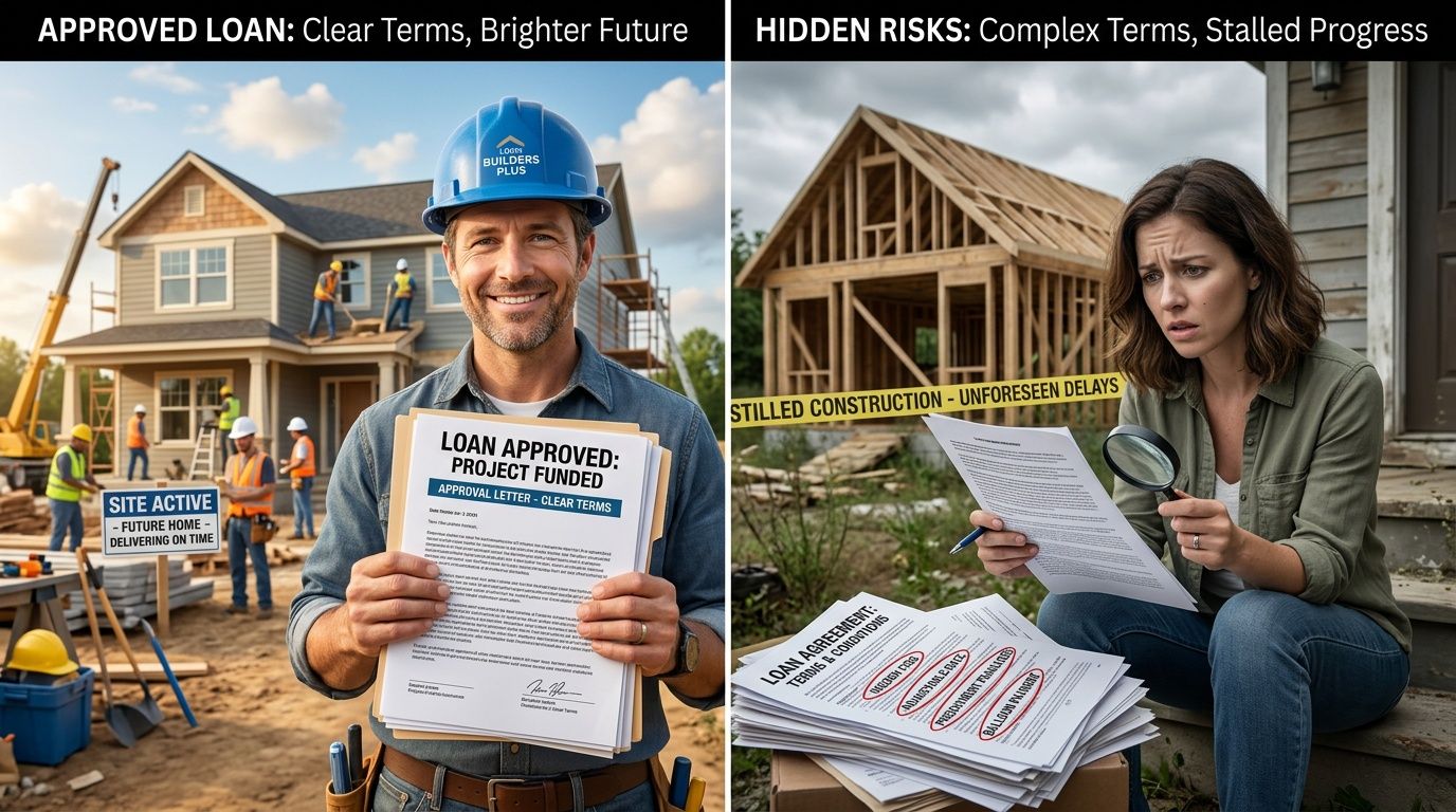 A split screen comparing a successful construction project with a funded loan against a stalled project with complex terms.