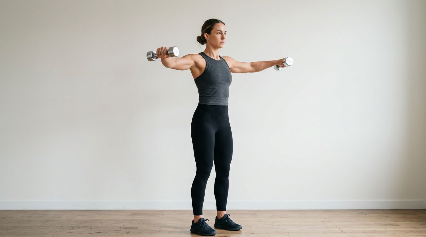 A fit woman in athletic clothing performing a lateral shoulder raise exercise with dumbbells in a studio.