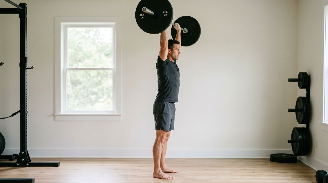 A fit man performing a standing overhead barbell press exercise in a home gym setting.