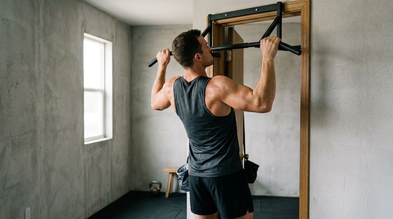 A muscular man performing a pull-up on a door-mounted bar in a home workout room.