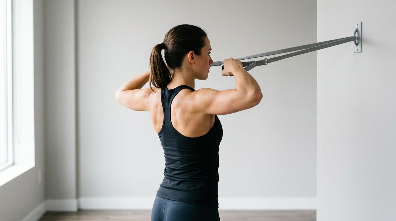 A woman performing a resistance band row exercise to strengthen her shoulders and upper back muscles.