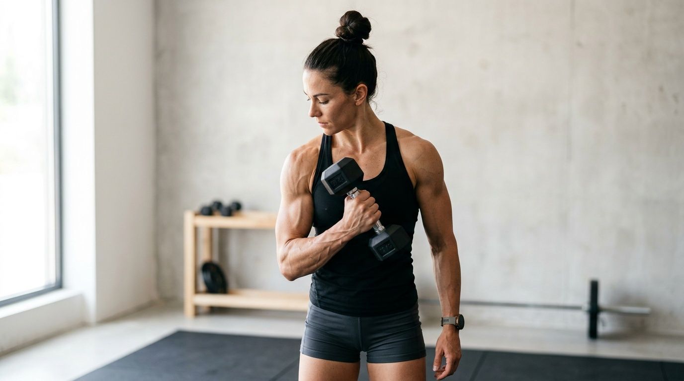 A fit woman focused on her bicep curl exercise using a dumbbell in a modern home gym.