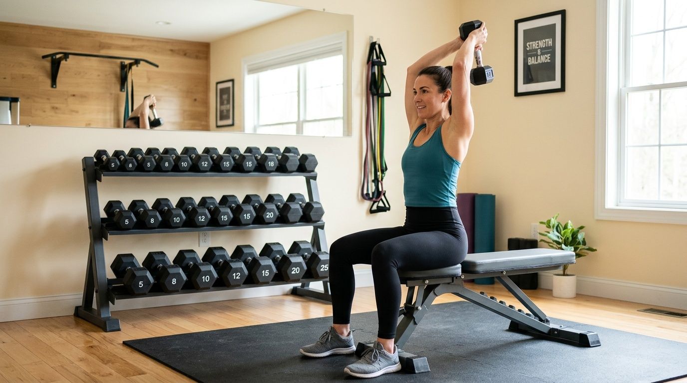 A woman performing a seated overhead triceps extension exercise with a dumbbell in a home gym.