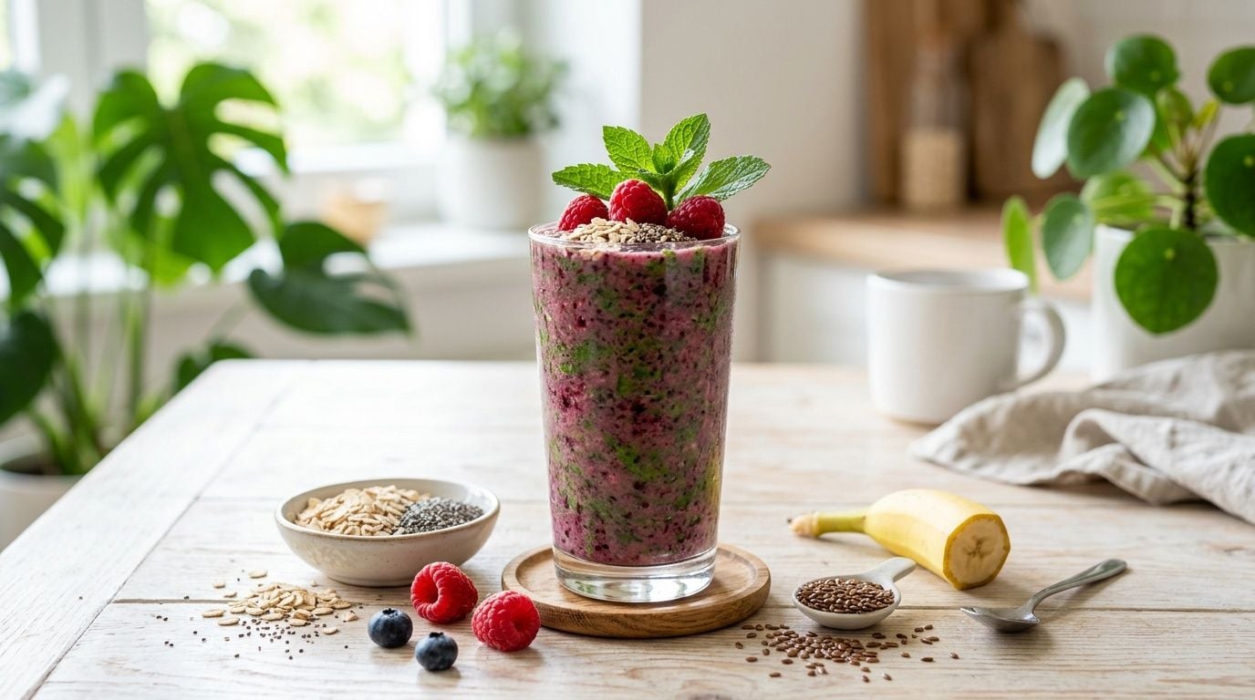 A healthy berry smoothie topped with mint and raspberries sits on a wooden table with fresh ingredients.