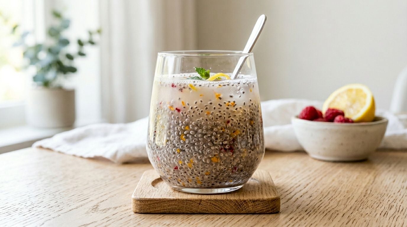 A glass of refreshing chia seed drink with lemon zest and mint on a wooden coaster.
