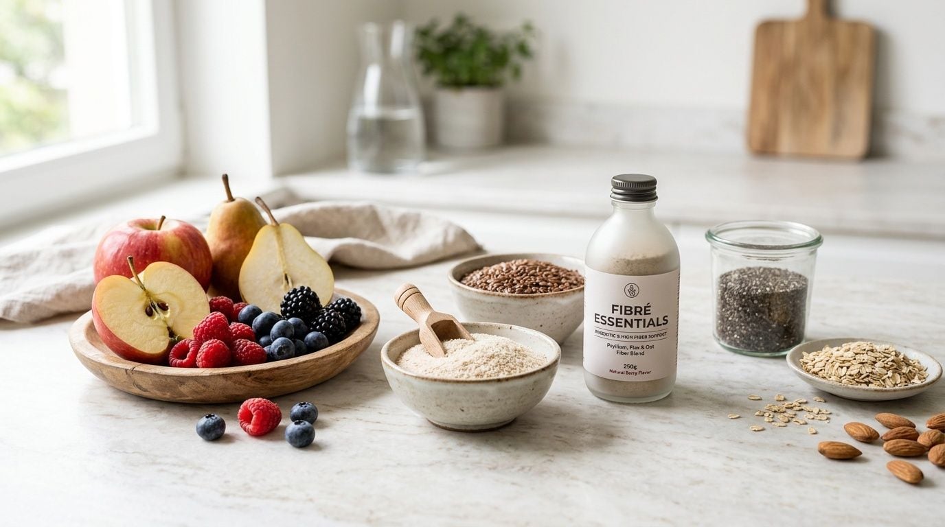 A healthy assortment of fruits, seeds, grains, and a bottle of fiber supplement on a kitchen counter.