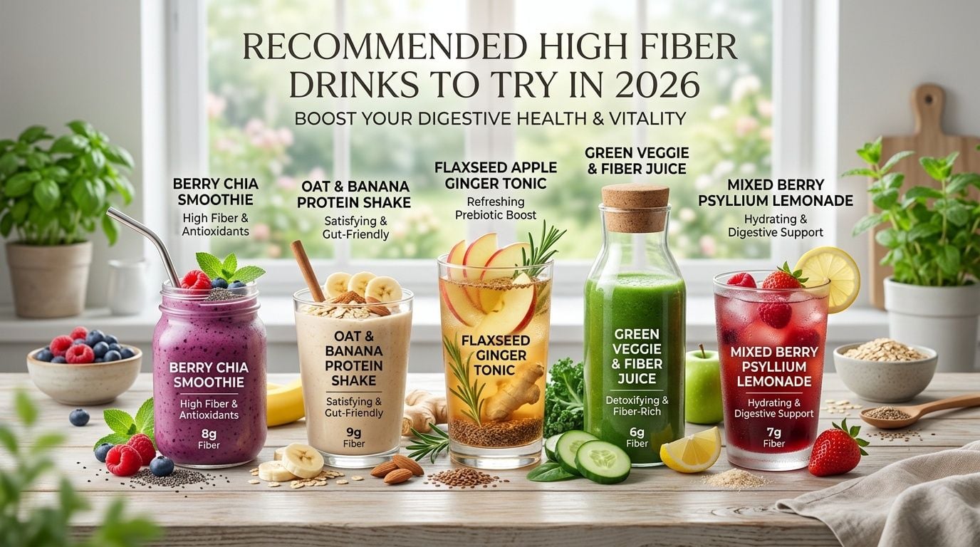 A collection of five healthy high fiber drinks including smoothies, juices, and tonics on a table.