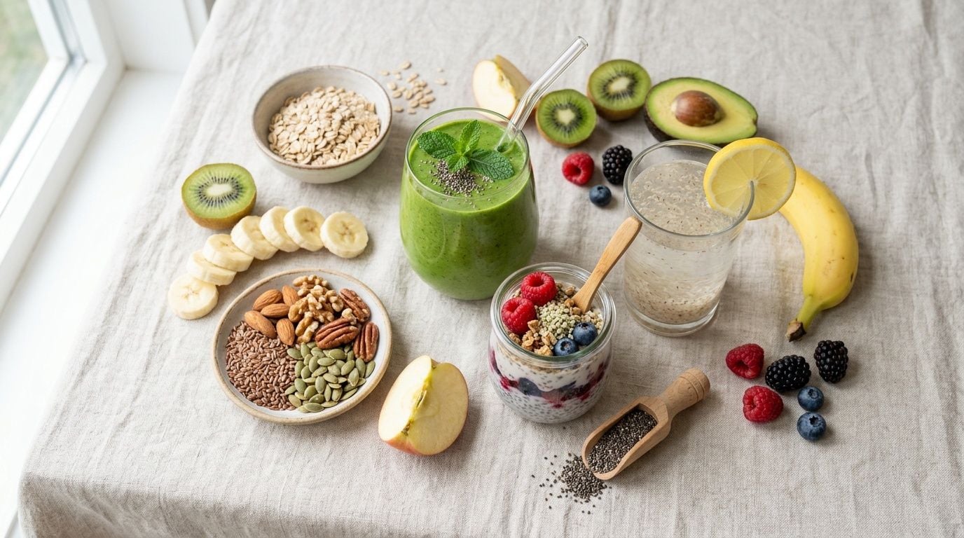 A healthy assortment of high fiber drinks, fresh fruits, nuts, seeds, and oats arranged on a table.