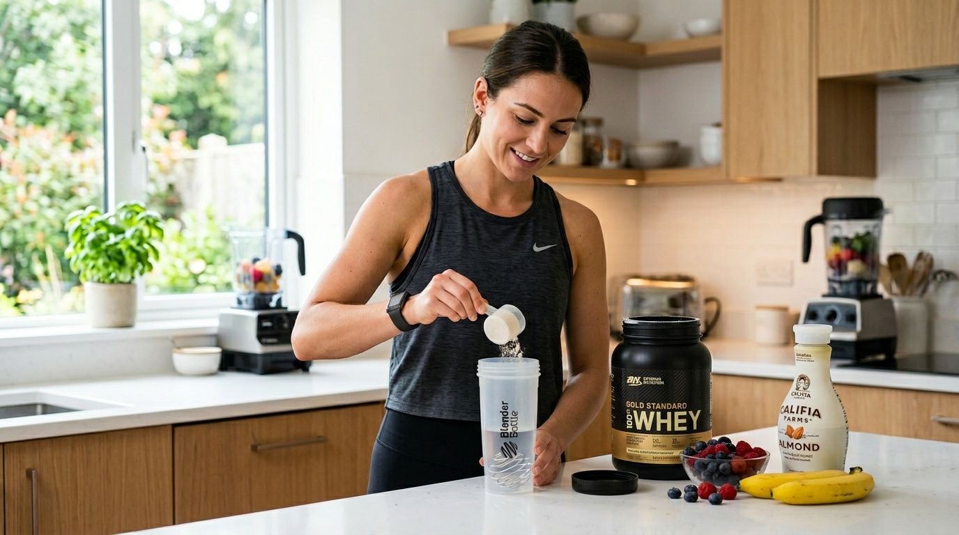 A woman in a kitchen preparing a protein shake with whey powder and almond milk.