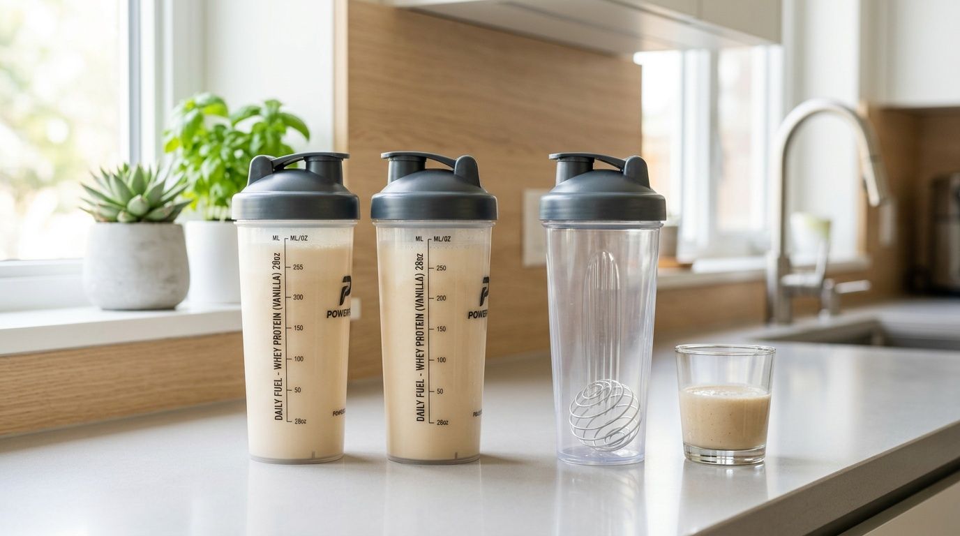 Two full protein shake bottles and one empty shaker cup with a small glass of protein drink.
