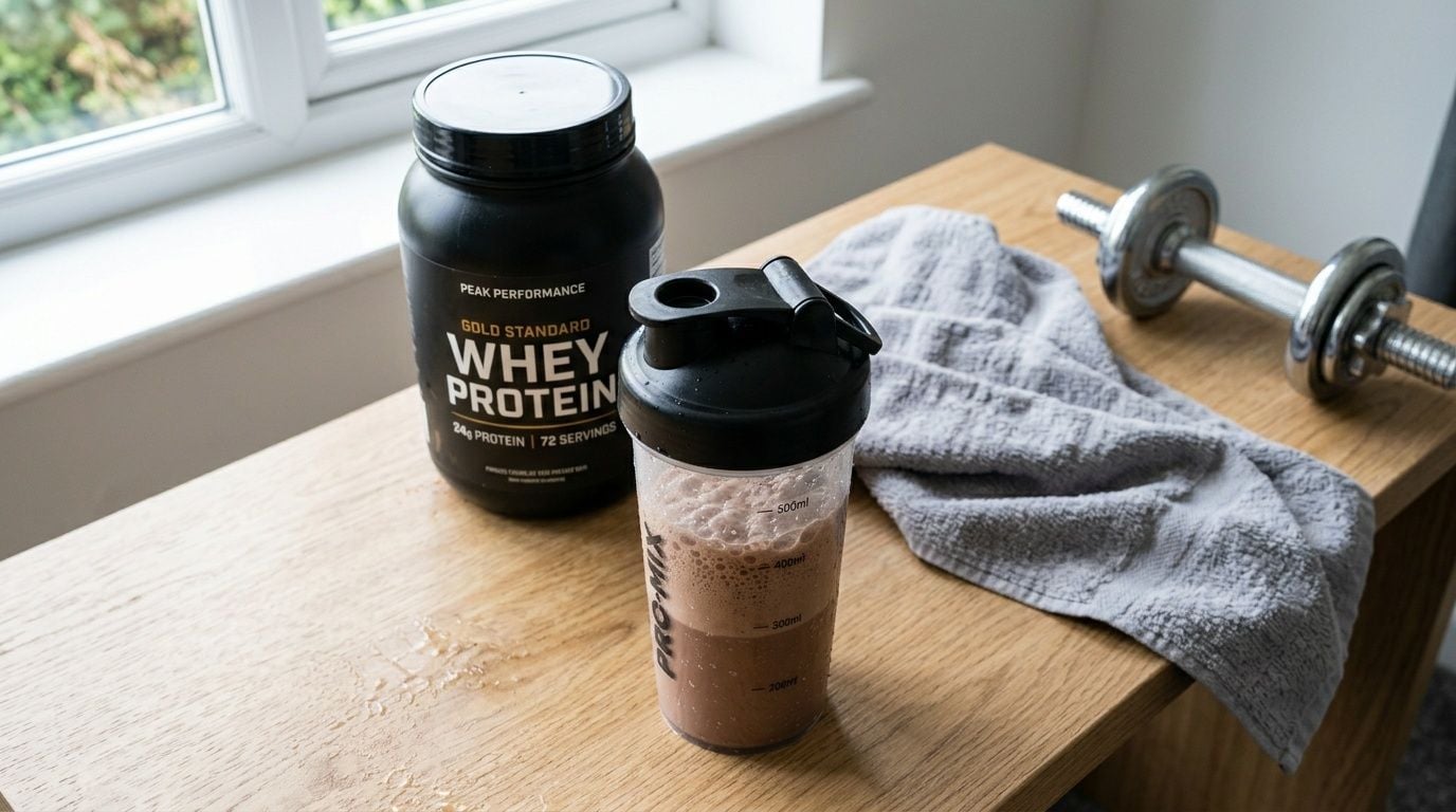 A container of whey protein, a prepared chocolate protein shake, and a dumbbell on a wooden table.
