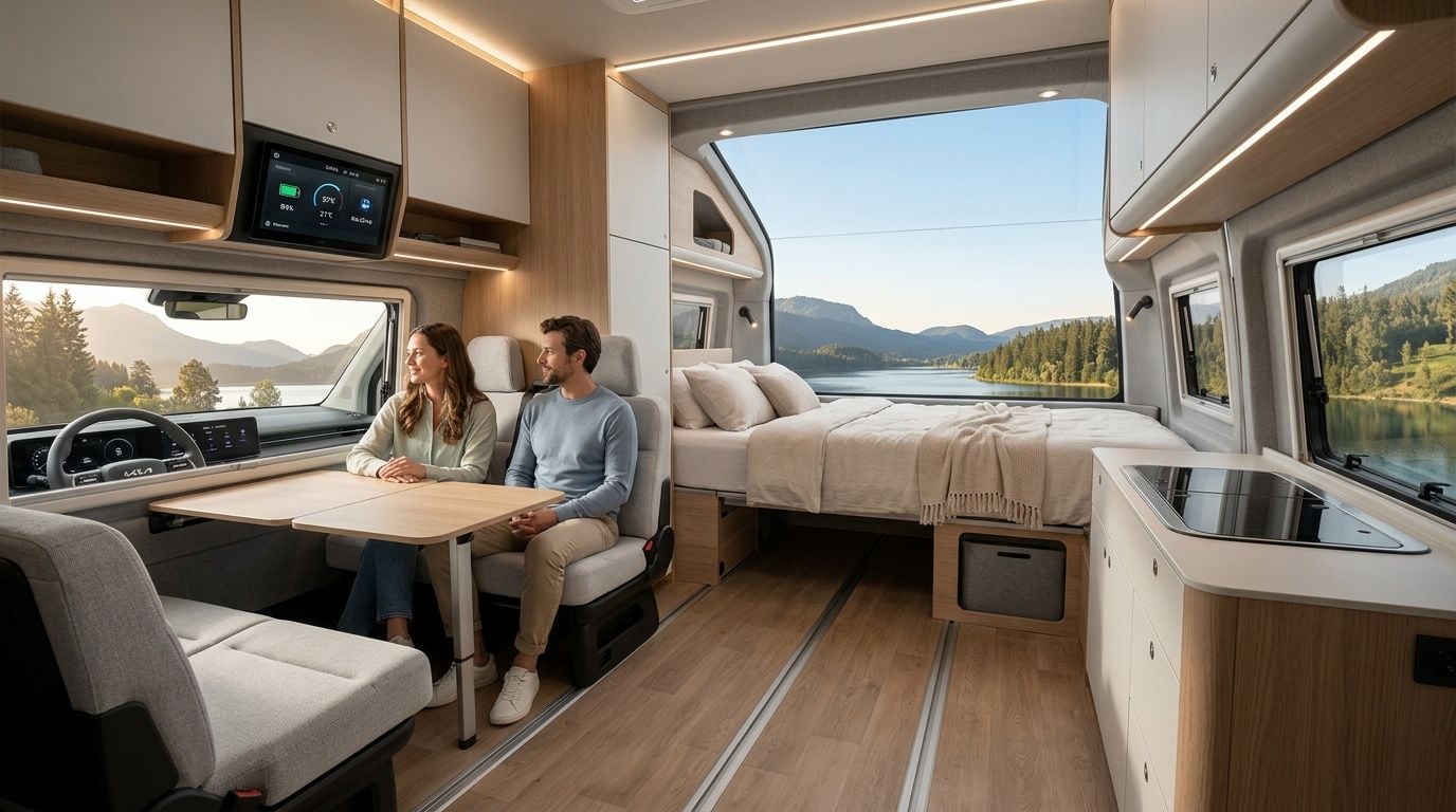 A couple sits inside a modern Kia camper van featuring a spacious bedroom and scenic lake views.