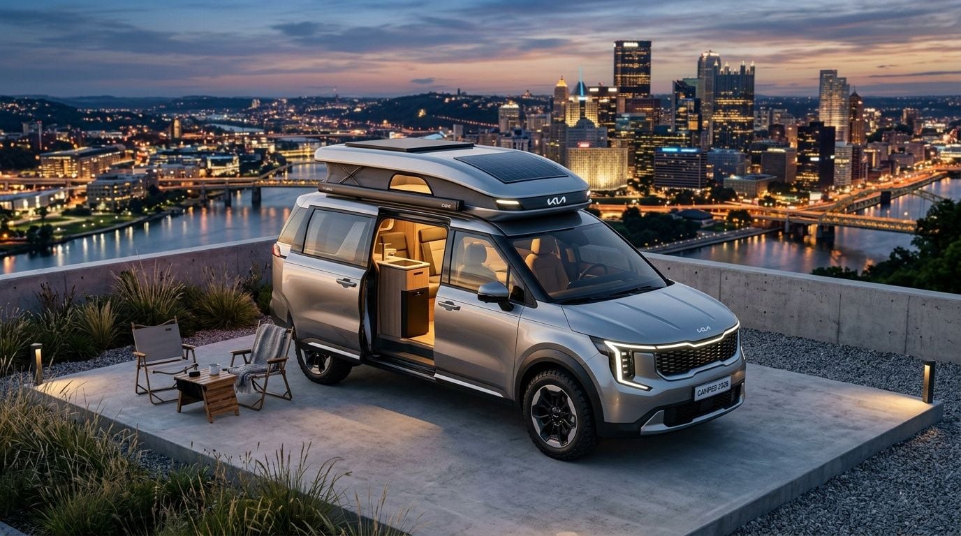 A silver Kia camper van parked on a concrete platform overlooking a city skyline at sunset.