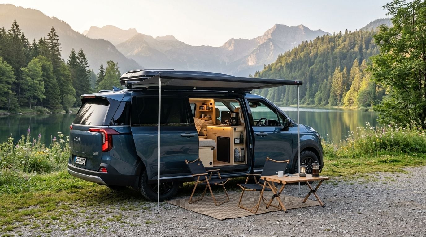 A modern blue Kia Carnival camper van parked by a serene lake with an outdoor camping setup.