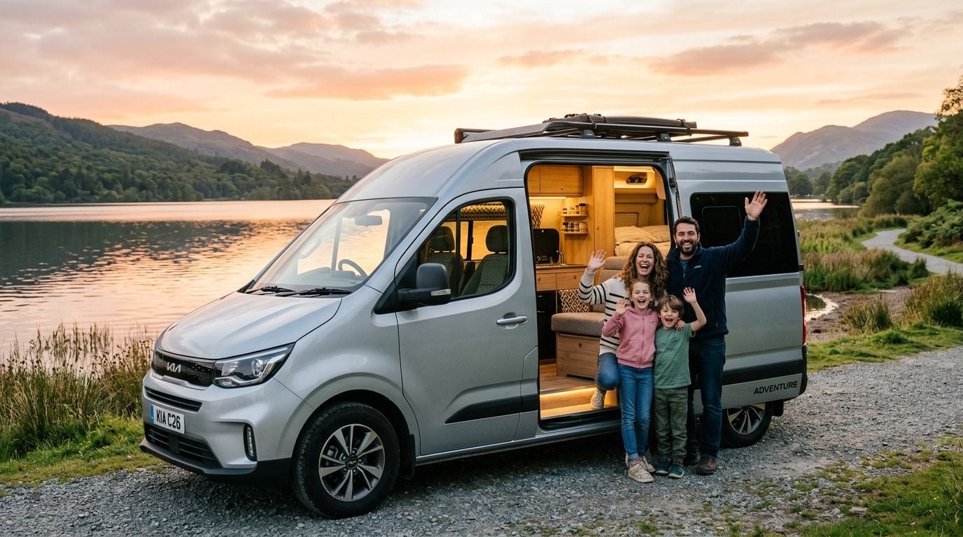 A happy family standing in front of their modern silver Kia camper van by a peaceful lake.