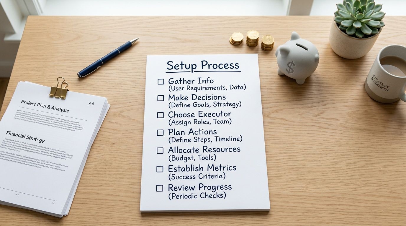 A professional desk setup featuring a checklist titled Setup Process alongside project planning documents and coins.