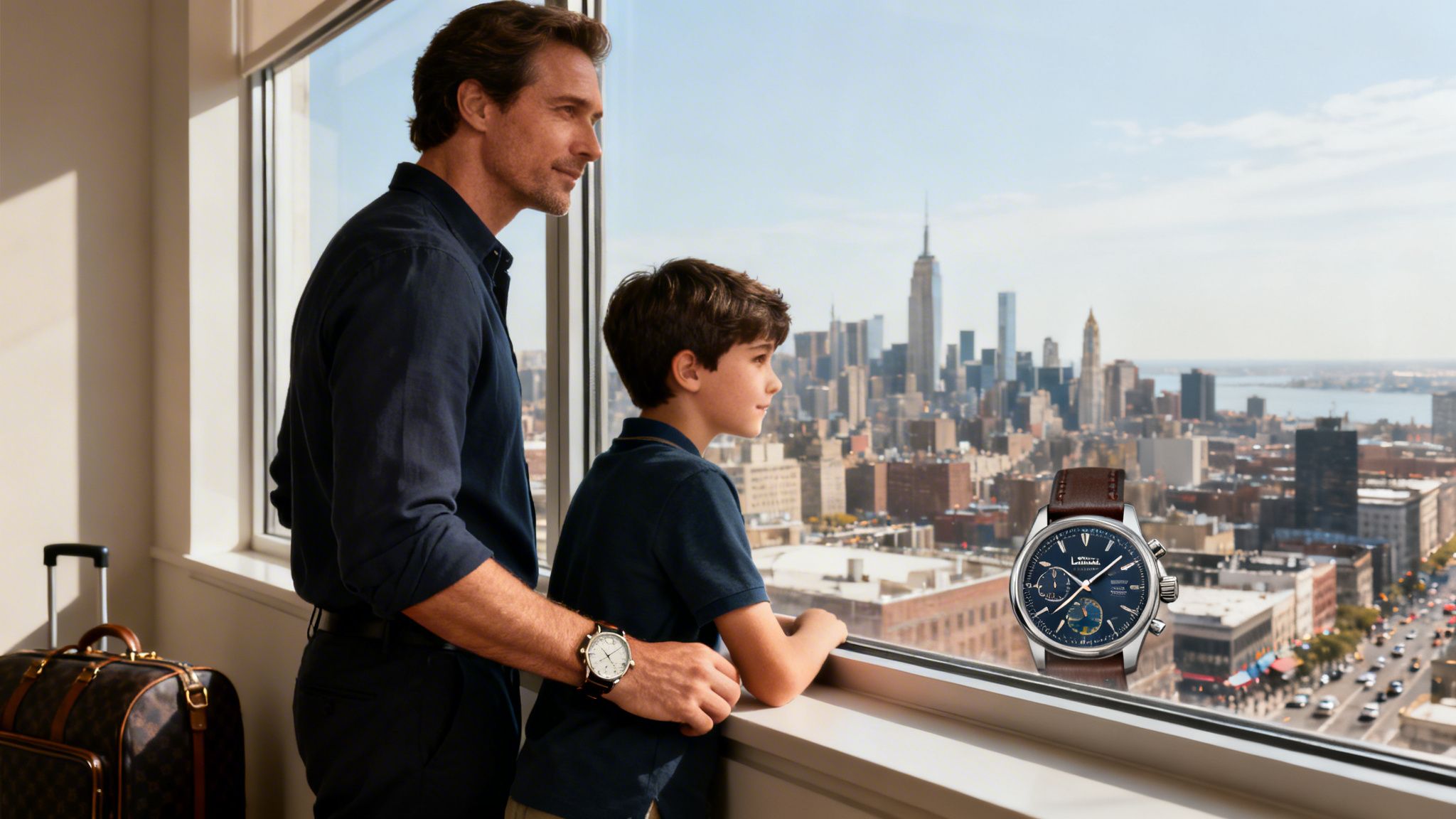 A man and a young boy look out of a high-rise window at the New York city skyline.