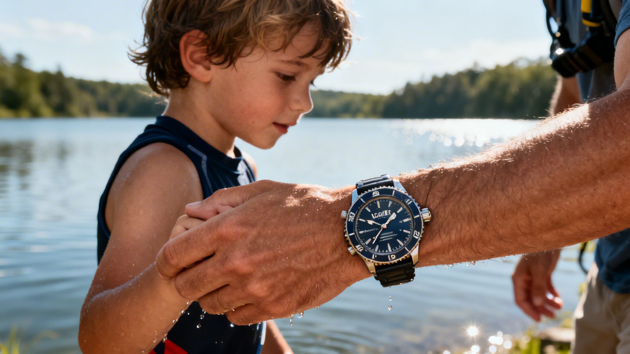 A father holds his child's hand by the water while wearing a blue Lorier dive watch.