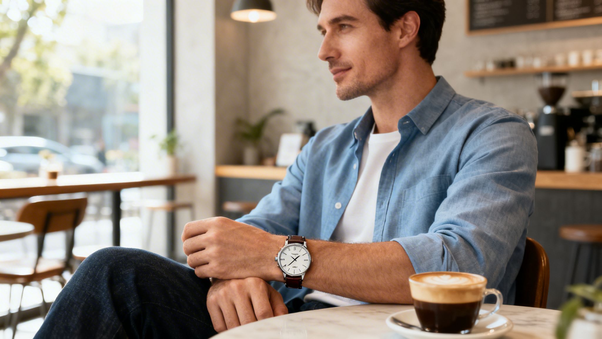 A man wearing a stylish leather strap watch sitting at a coffee shop table with a latte.