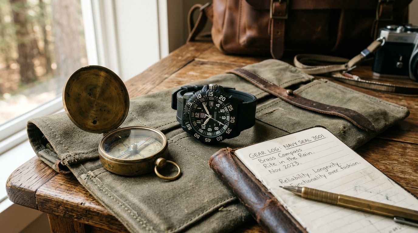A flat lay of adventure gear: a Luminox Navy SEAL watch, brass compasses, and a gear log.