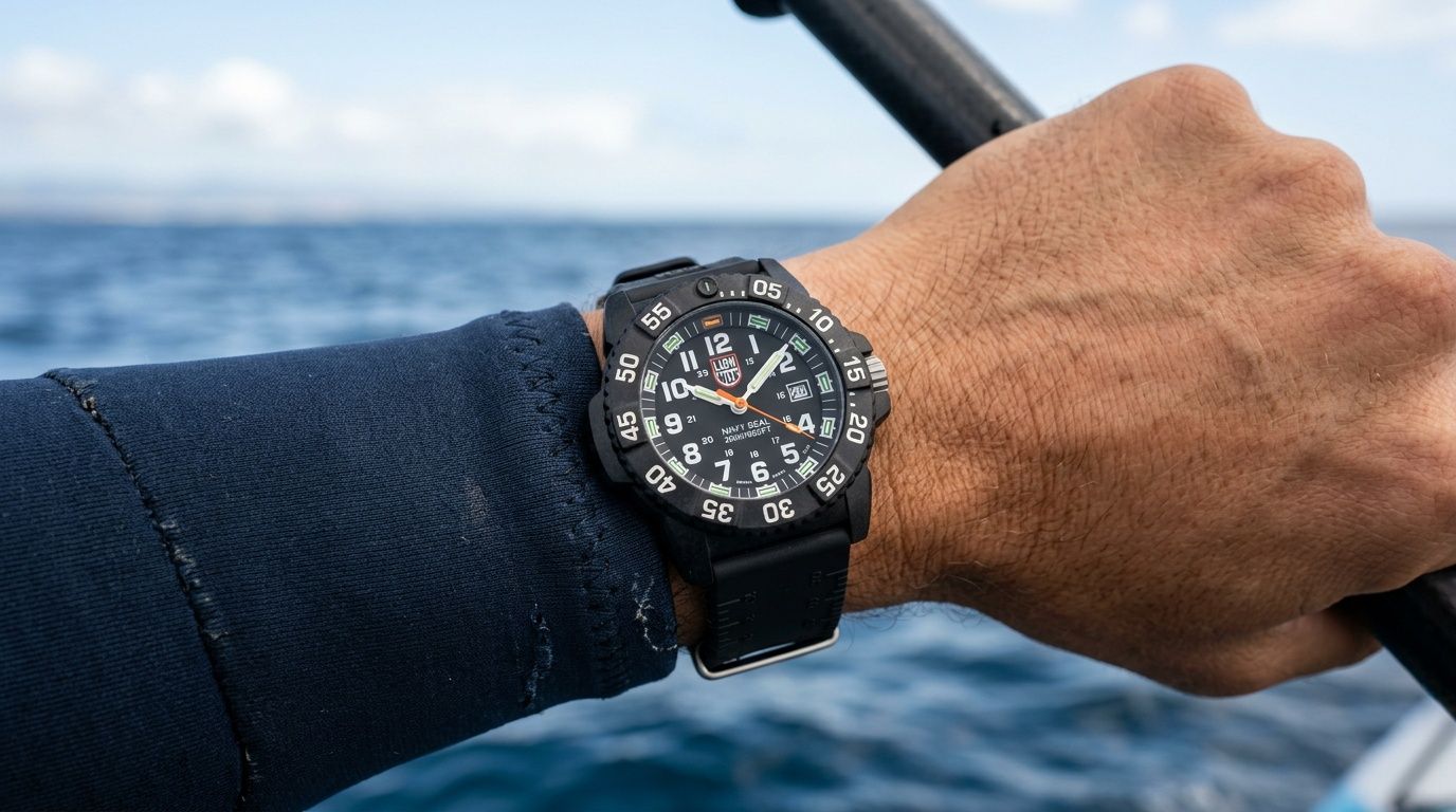Close-up of a person's arm wearing a black Luminox Navy Seal diving watch while paddling.
