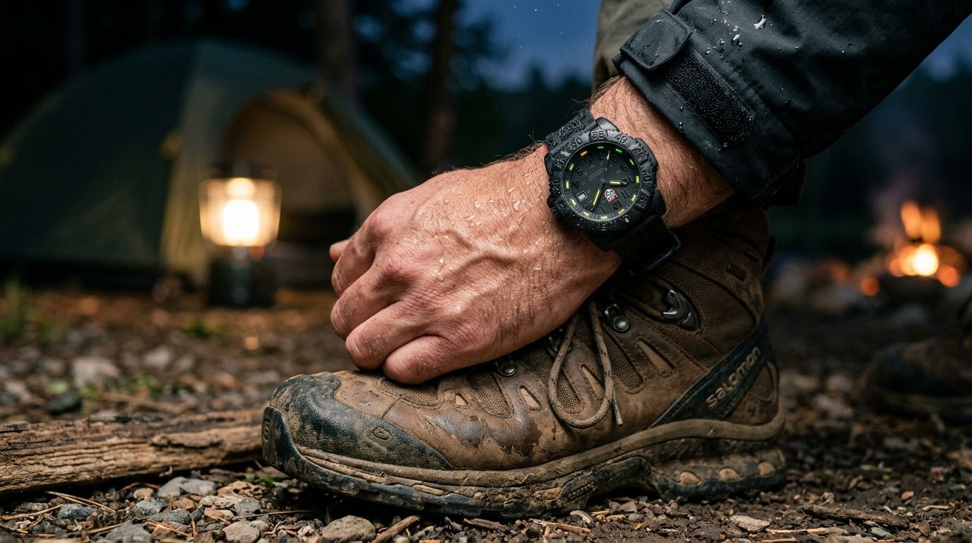 Close-up of a person wearing a Luminox watch and muddy Salomon boots at a campsite.