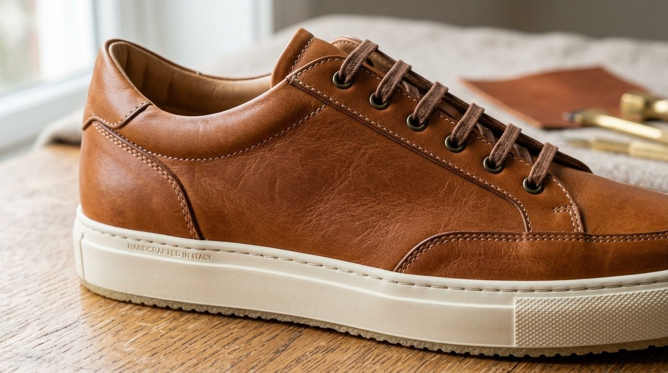 A close-up of a premium tan leather sneaker with handcrafted in Italy text on the side sole.