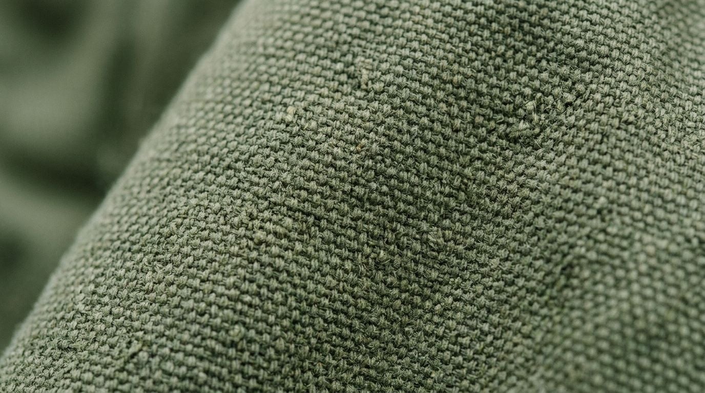 A close-up view of a thick, olive green textured fabric with a visible woven pattern.