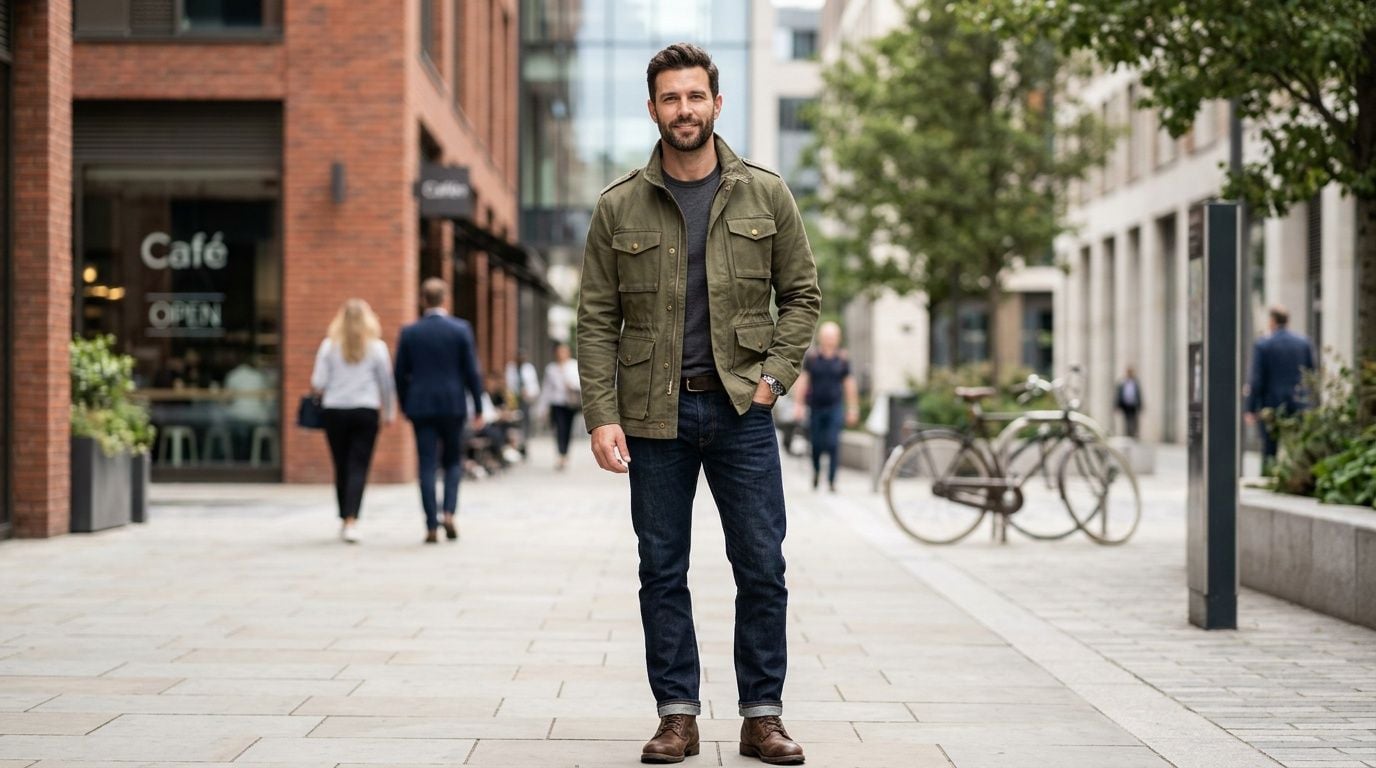 A smiling man standing on a city street wearing a green utility jacket, dark jeans, and boots.