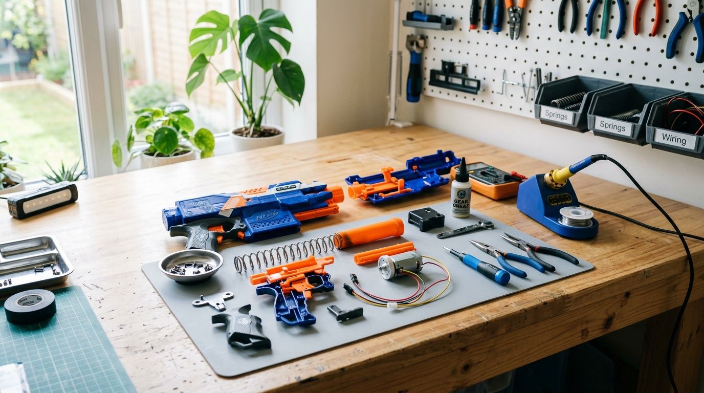 A disassembled blue and orange toy blaster sits on a workbench with tools, springs, and electronic components.