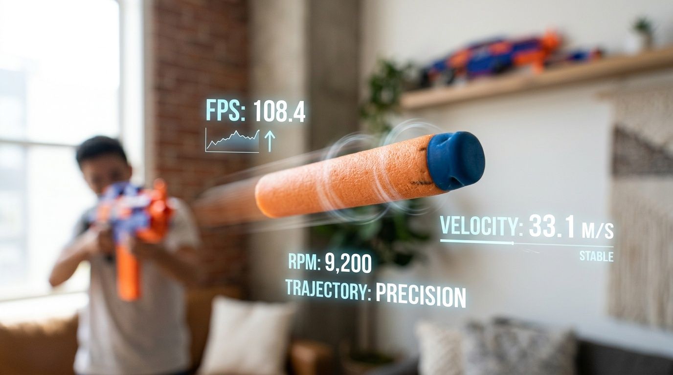 A close-up view of a foam dart mid-flight with digital holographic data overlays describing its performance metrics.