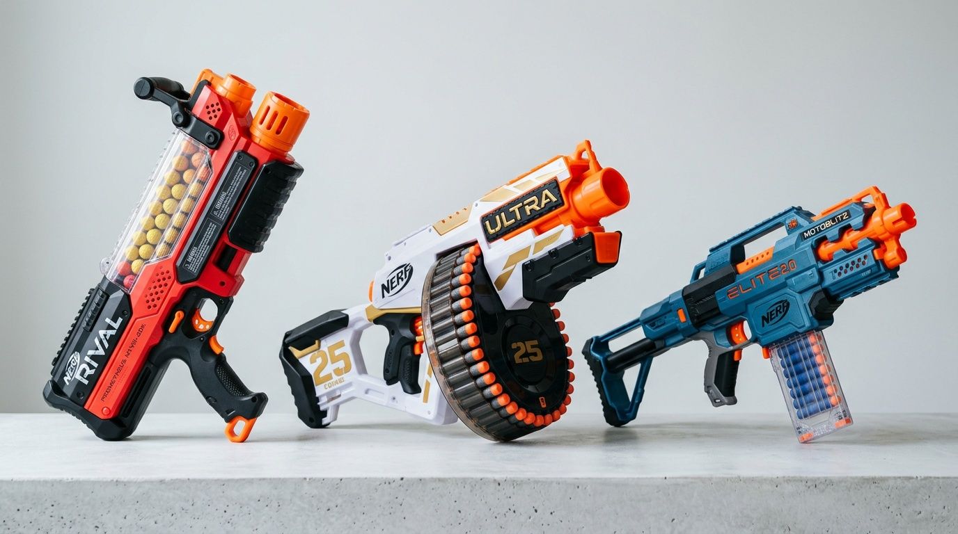 Three different models of Nerf toy blasters arranged on a surface against a plain light background.